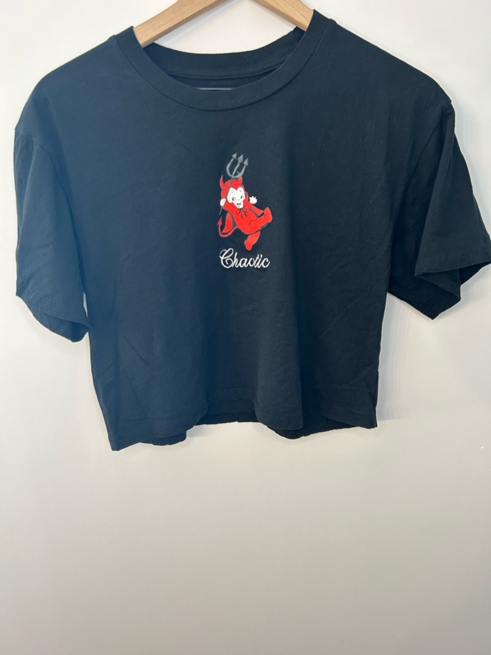 Kewpie Women’s Black Chaotic Little Devil Cropped T-Shirt, Size Small - Picture 2 of 5